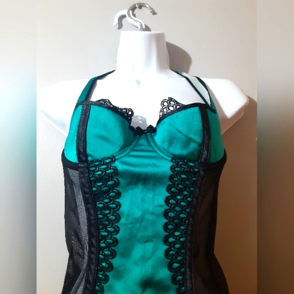 Lovers Lane Women's Lingerie Green Black Satin Lace Corsette Tie Up M Sexy - Picture 2 of 8